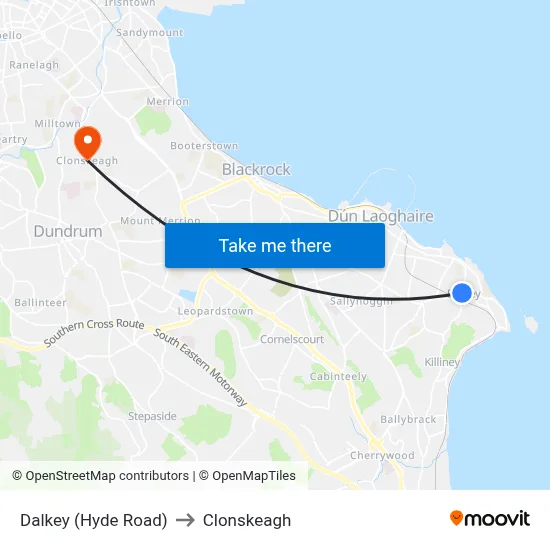 Dalkey (Hyde Road) to Clonskeagh map