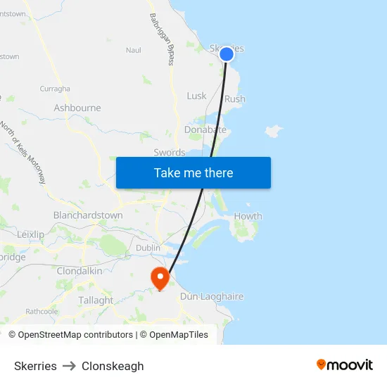 Skerries to Clonskeagh map