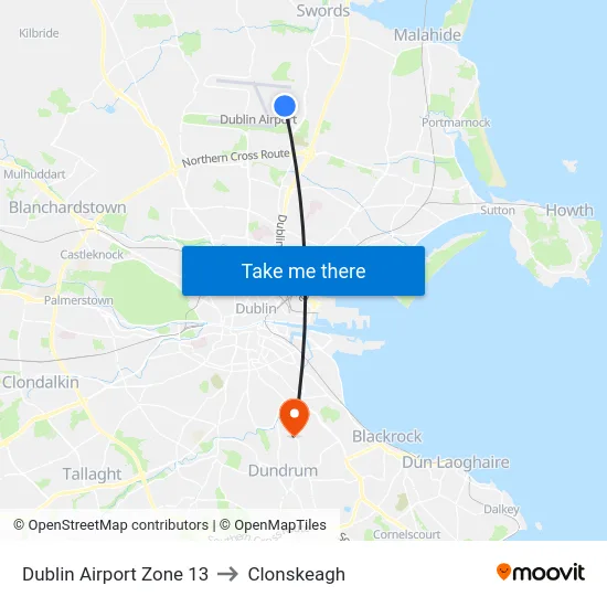 Dublin Airport Zone 13 to Clonskeagh map
