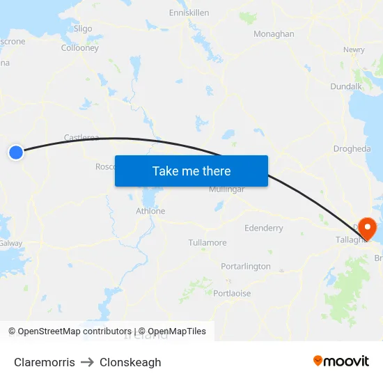 Claremorris to Clonskeagh map
