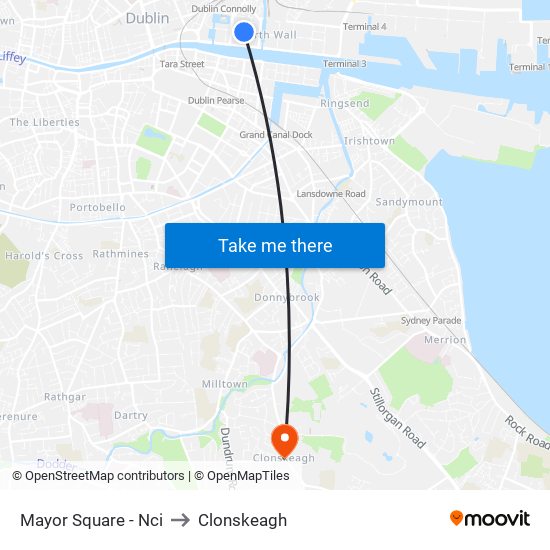 Mayor Square - Nci to Clonskeagh map