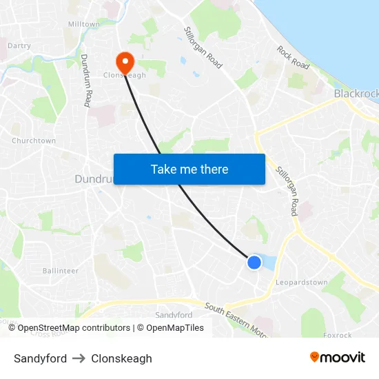 Sandyford to Clonskeagh map