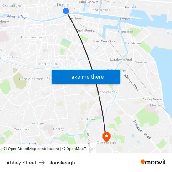 Abbey Street to Clonskeagh map