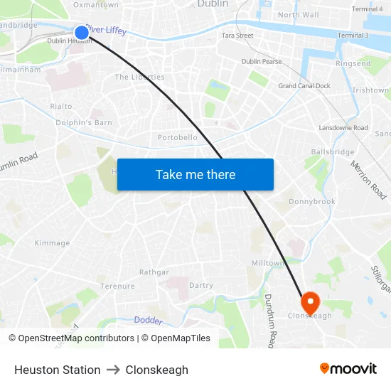 Heuston Station to Clonskeagh map