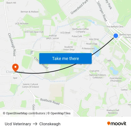 Ucd Veterinary to Clonskeagh map