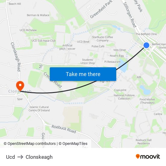 Ucd to Clonskeagh map