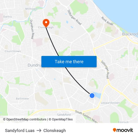 Sandyford Luas to Clonskeagh map