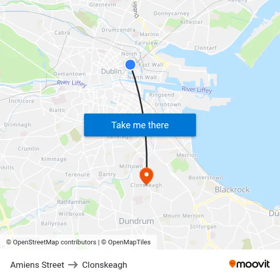 Amiens Street to Clonskeagh map