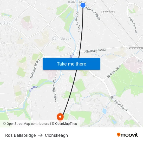 Rds Ballsbridge to Clonskeagh map