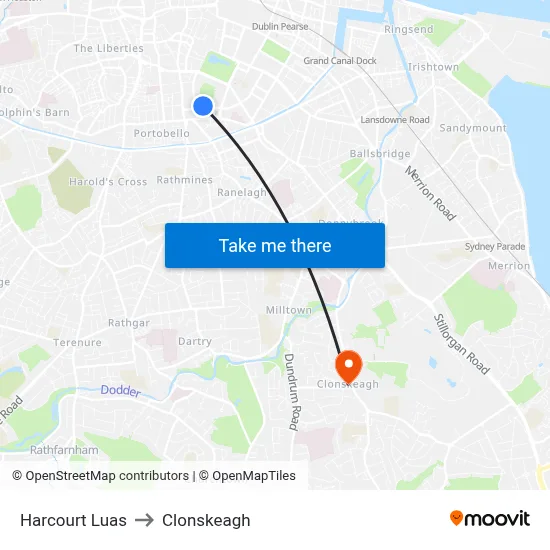 Harcourt Luas to Clonskeagh map