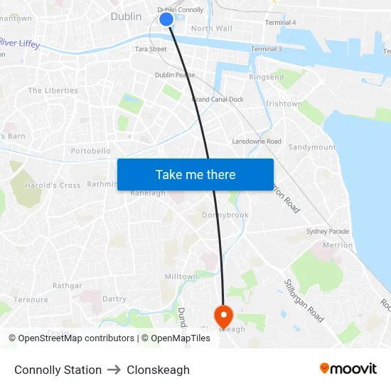Connolly Station to Clonskeagh map