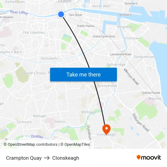 Crampton Quay to Clonskeagh map
