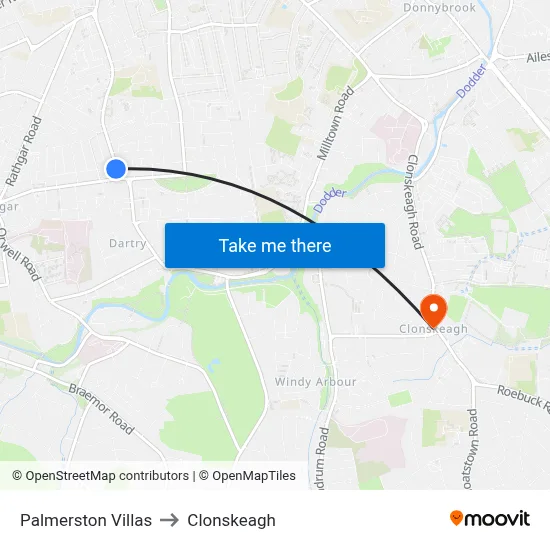 Palmerston Villas to Clonskeagh map