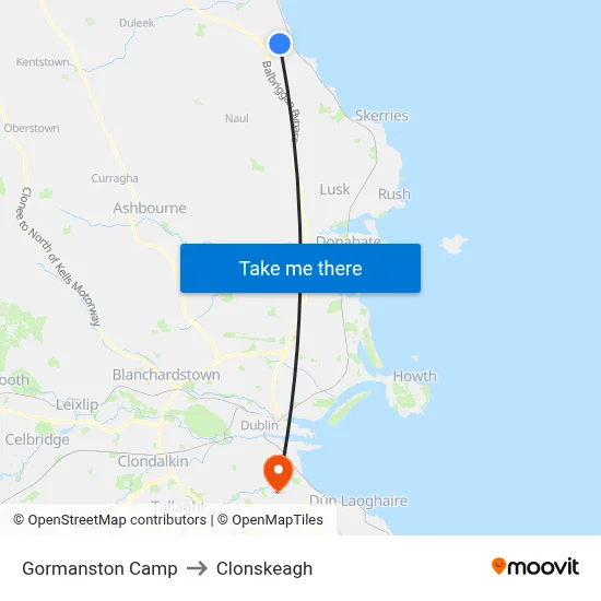 Gormanston Camp to Clonskeagh map