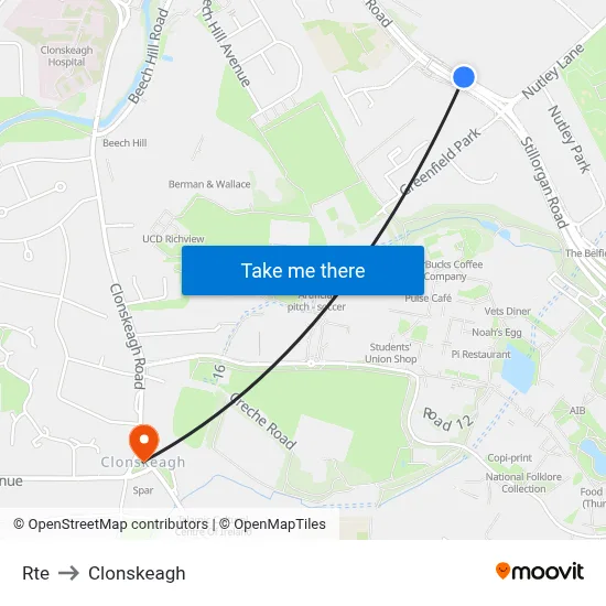 Rte to Clonskeagh map