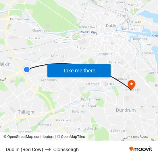 Dublin (Red Cow) to Clonskeagh map