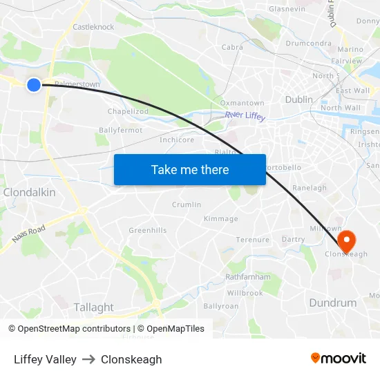 Liffey Valley to Clonskeagh map