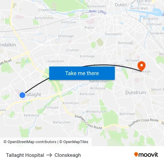 Tallaght Hospital to Clonskeagh map