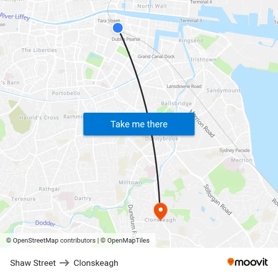 Shaw Street to Clonskeagh map