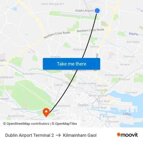Dublin Airport Terminal 2 to Kilmainham Gaol map