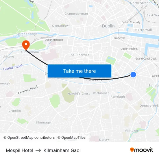 Mespil Hotel to Kilmainham Gaol map