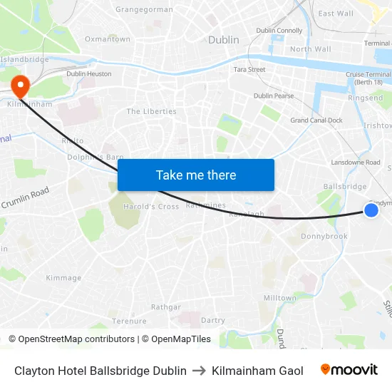 Clayton Hotel Ballsbridge Dublin to Kilmainham Gaol map