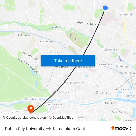 Dublin City University to Kilmainham Gaol map