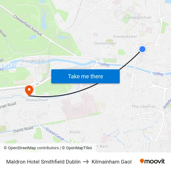 Maldron Hotel Smithfield Dublin to Kilmainham Gaol map