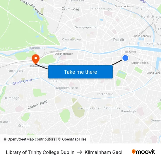 Library of Trinity College Dublin to Kilmainham Gaol map