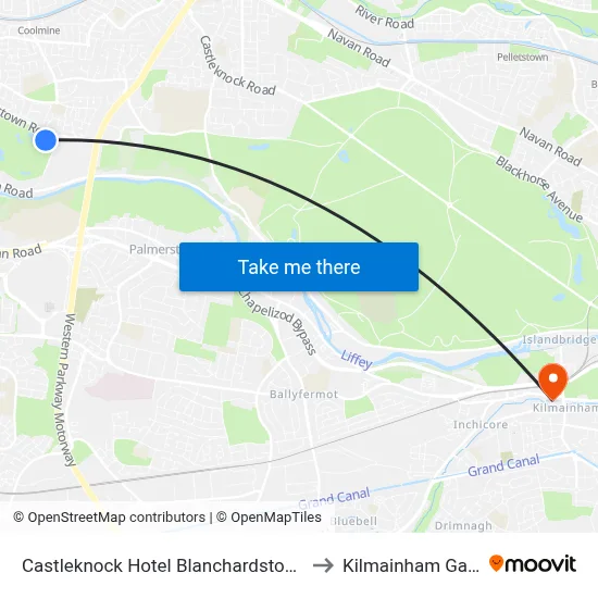 Castleknock Hotel Blanchardstown to Kilmainham Gaol map