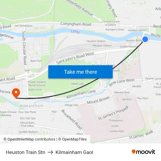 Heuston Train Stn to Kilmainham Gaol map