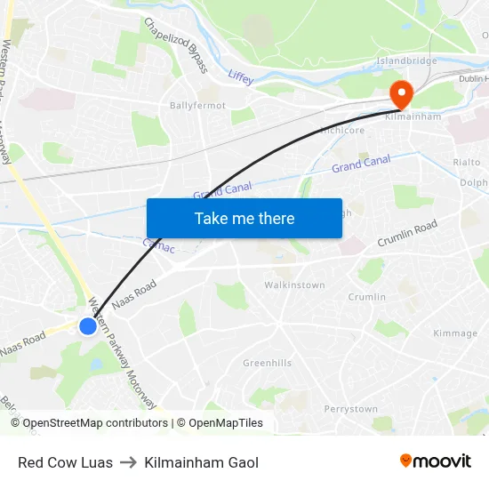 Red Cow Luas to Kilmainham Gaol map