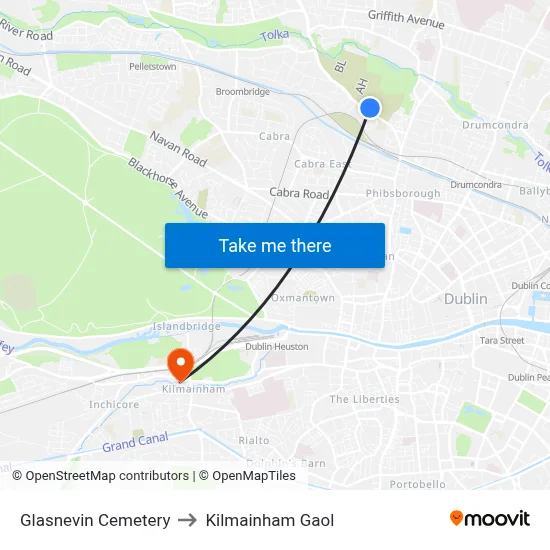 Glasnevin Cemetery to Kilmainham Gaol map