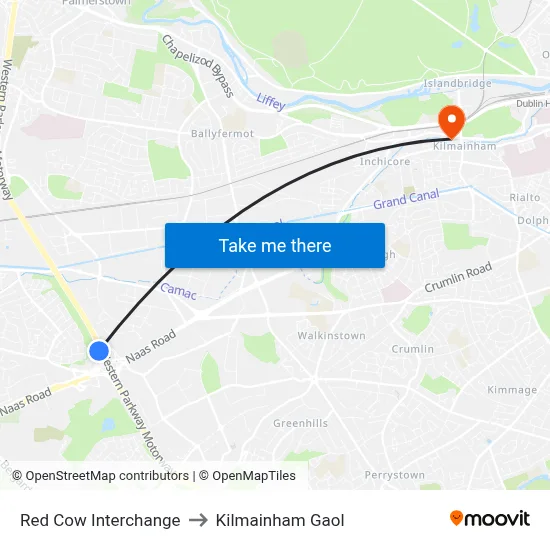 Red Cow Interchange to Kilmainham Gaol map