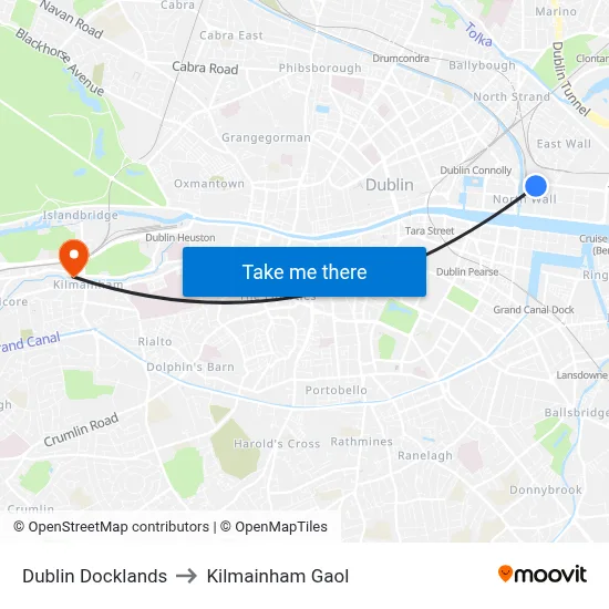 Dublin Docklands to Kilmainham Gaol map
