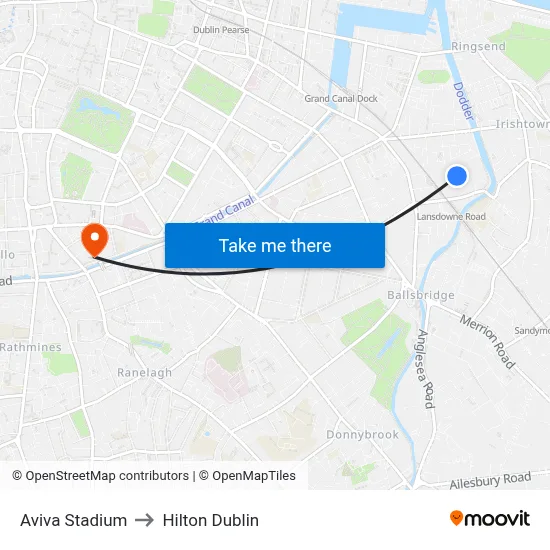 Aviva Stadium to Hilton Dublin map