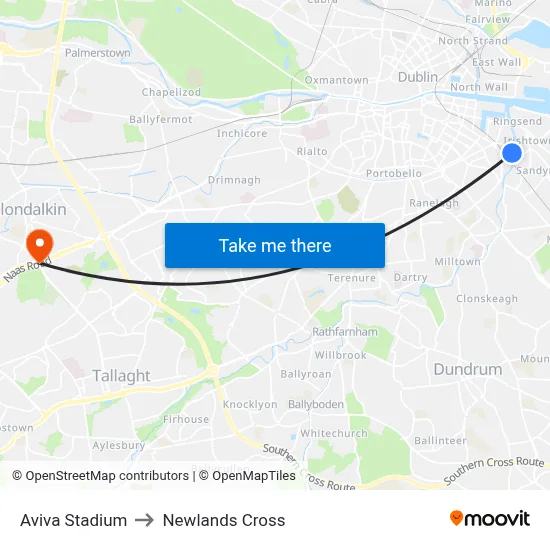 Aviva Stadium to Newlands Cross map