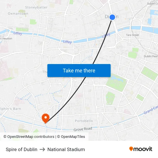 Spire of Dublin to National Stadium map