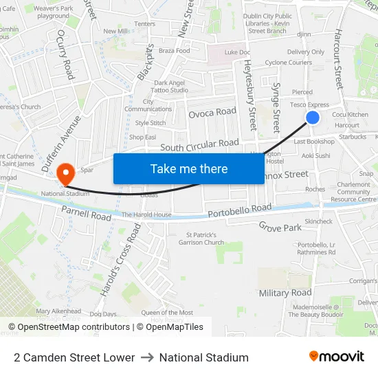 2 Camden Street Lower to National Stadium map