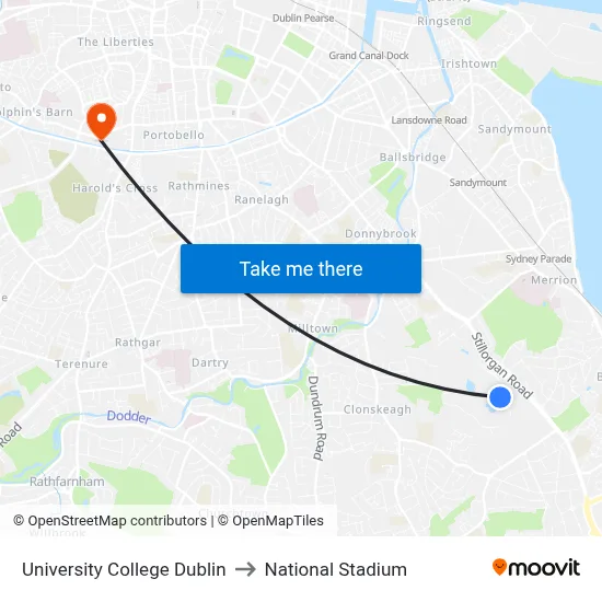 University College Dublin to National Stadium map