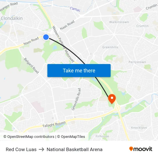 Red Cow Luas to National Basketball Arena map