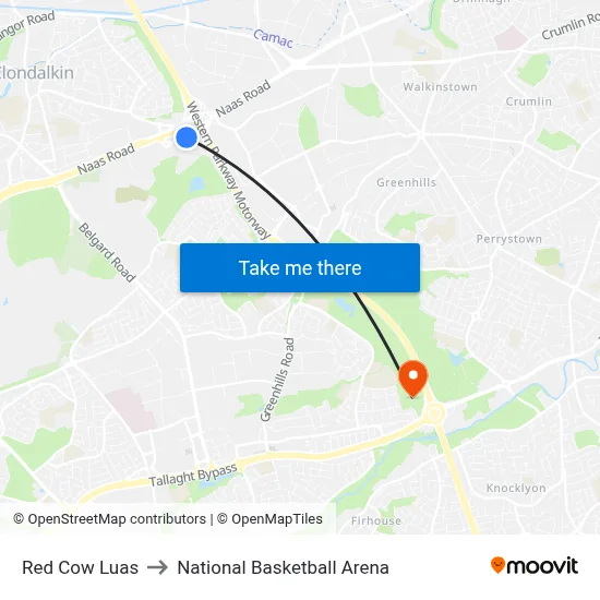 Red Cow Luas to National Basketball Arena map