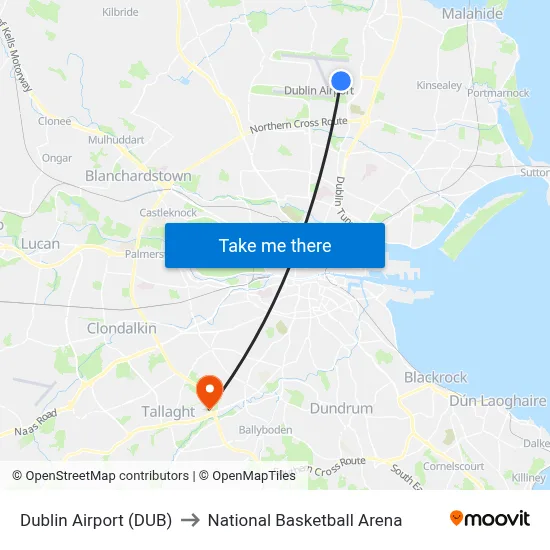 Dublin Airport (DUB) to National Basketball Arena map