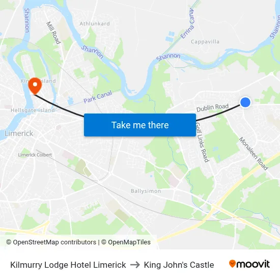 Kilmurry Lodge Hotel Limerick to King John's Castle map