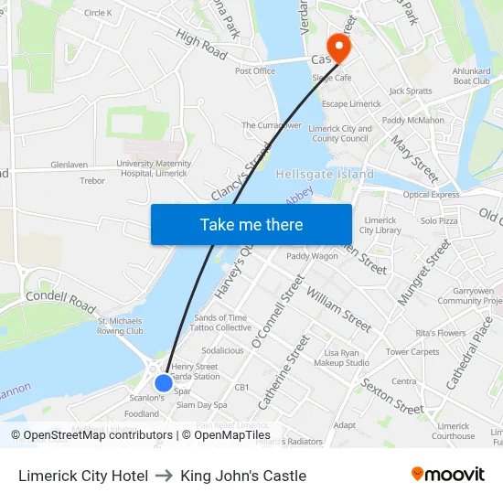 Limerick City Hotel to King John's Castle map