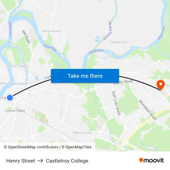 Henry Street to Castletroy College map