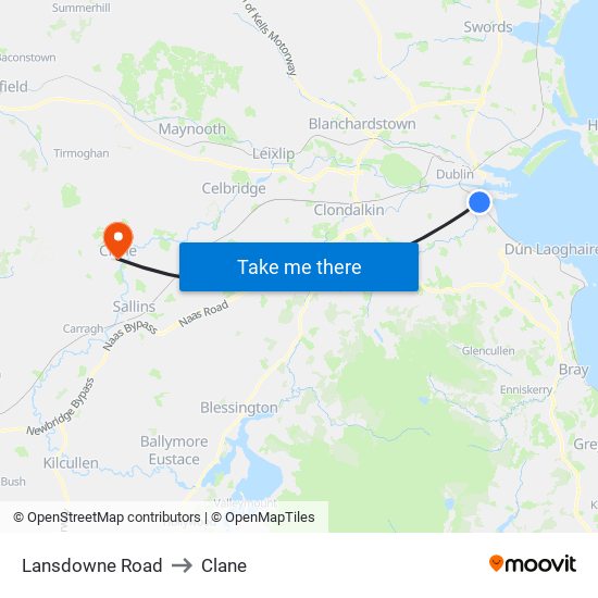 Lansdowne Road to Clane map