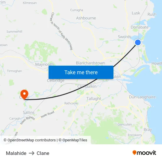 Malahide to Clane map