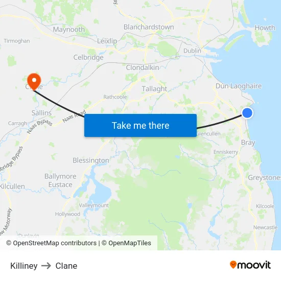 Killiney to Clane map
