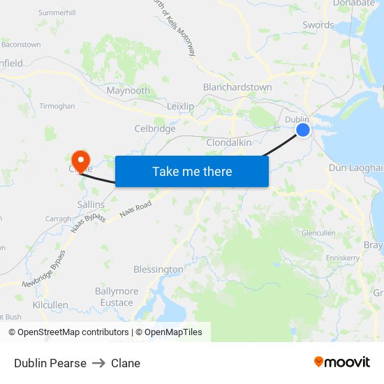 Dublin Pearse to Clane map